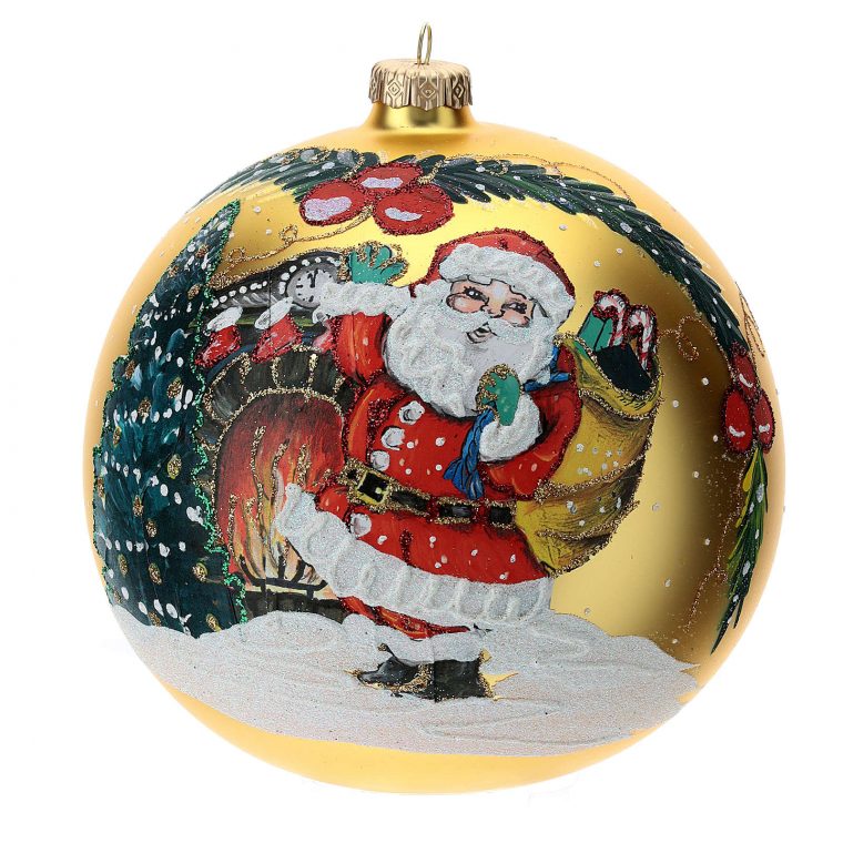 Stock Boule Verre Soufflé 150 Mm Jaune Dessin Père Noël pour Images Boules De Noel