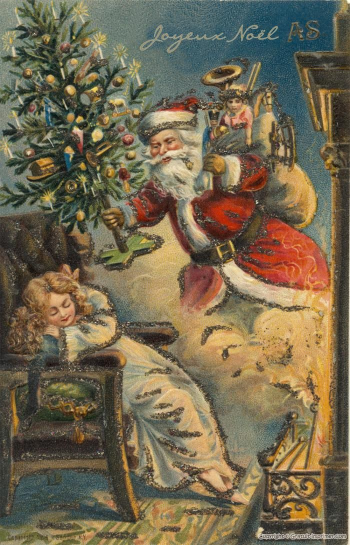 Vintage! Carte Joyeux Noel Ancienne Avec Pere Noel dedans Image De Noel À Imprimer