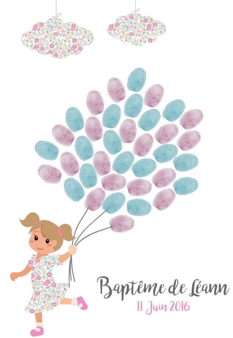 Arbre À Empreintes Baptême Petite Fille Couettes Liberty Ballons avec Dessin Bapteme Fille