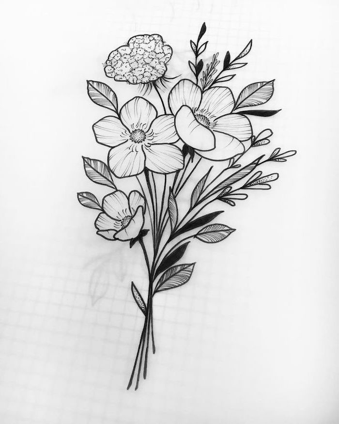 Bouquet-Of-Flowers-Simple-Flower-Drawing-Black-And-White-Pencil-Sketch encequiconcerne Dessins De Fleurs 