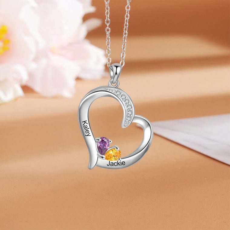 Collier 2 Prénom Personnalisé Pendentif Cœur Avec 2 Pierre De Naissance avec Coeur Avec Prenom