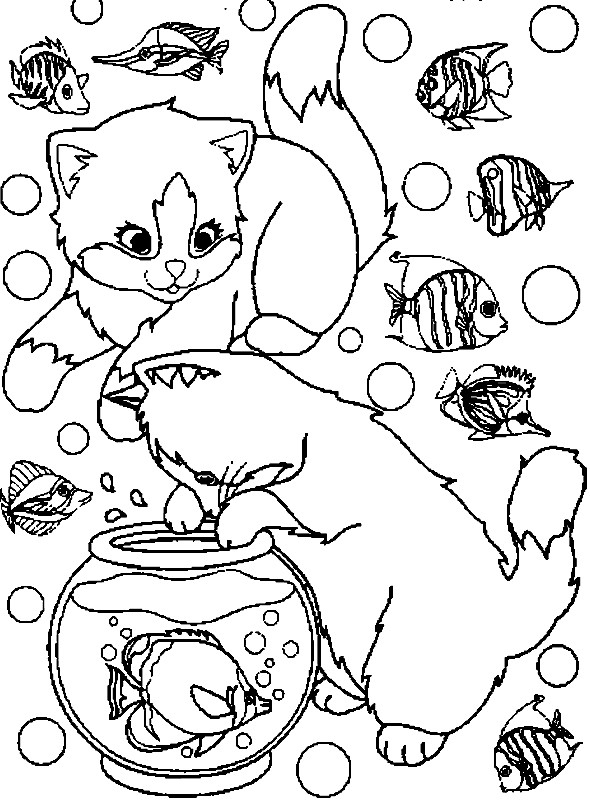 Coloriage Chats Trop Mignons Et L&amp;#039;Aquarium Dessin Gratuit À Imprimer serapportantà Coloriage Chat Et Chien A Imprimer 