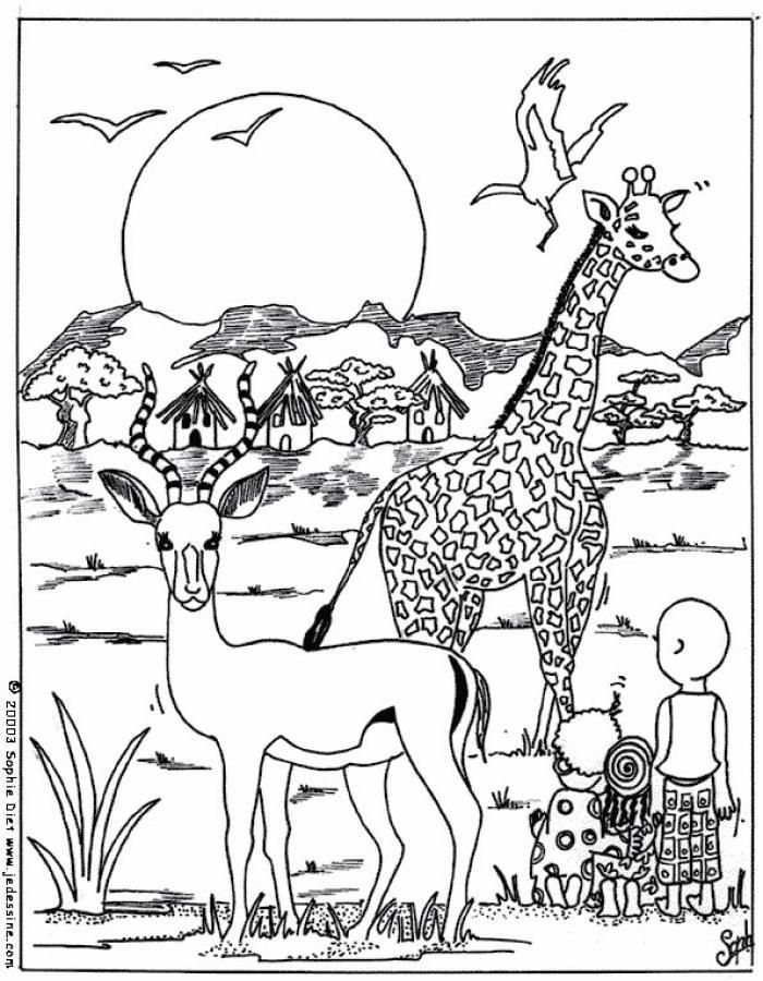Coloriage D'Un Paysage De Savane Avec Des Girafes Et Un Beau Décor tout Coloriage Savane À Imprimer