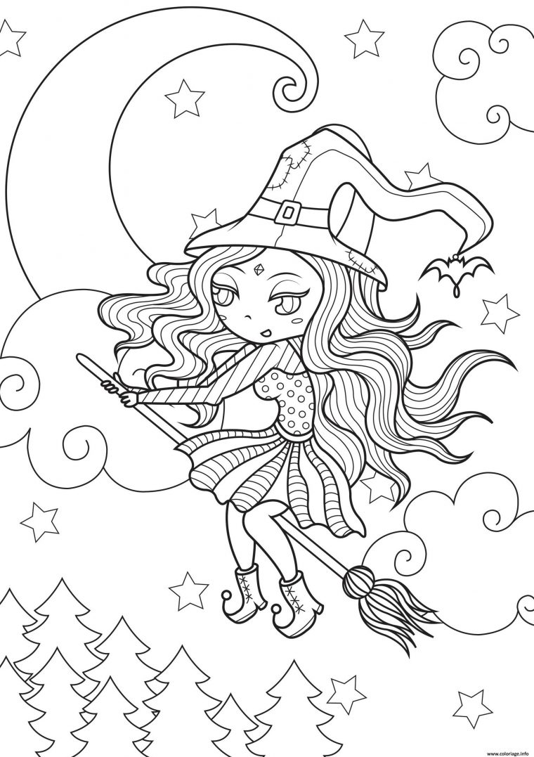 Coloriage Jolie Sorciere Simple Pres De La Lune Dessin Halloween serapportantà Coloriage De Halloween A Imprimer