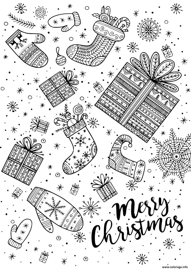 Coloriage Joyeux Noel Cadeaux Et Bas De Noel Adulte Dessin Noel À Imprimer concernant Coloriage De Noel Gratuit