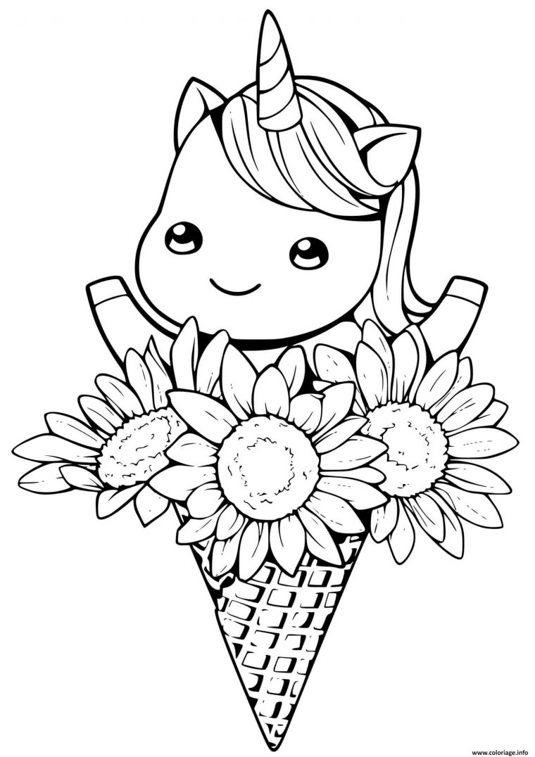 Coloriage Licorne Kawaii Cone Fleurs Dessin Licorne Kawaii À Imprimer à Dessins A Imprimer