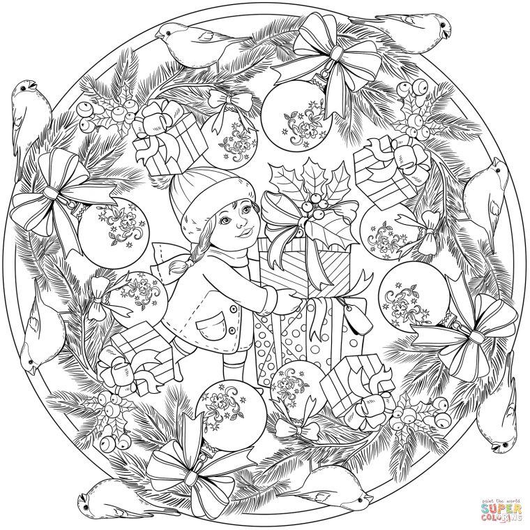 Coloriage – Mandala De Noël Avec Une Petite Fille, Des Cadeaux Et Un intérieur Mandala De Noël