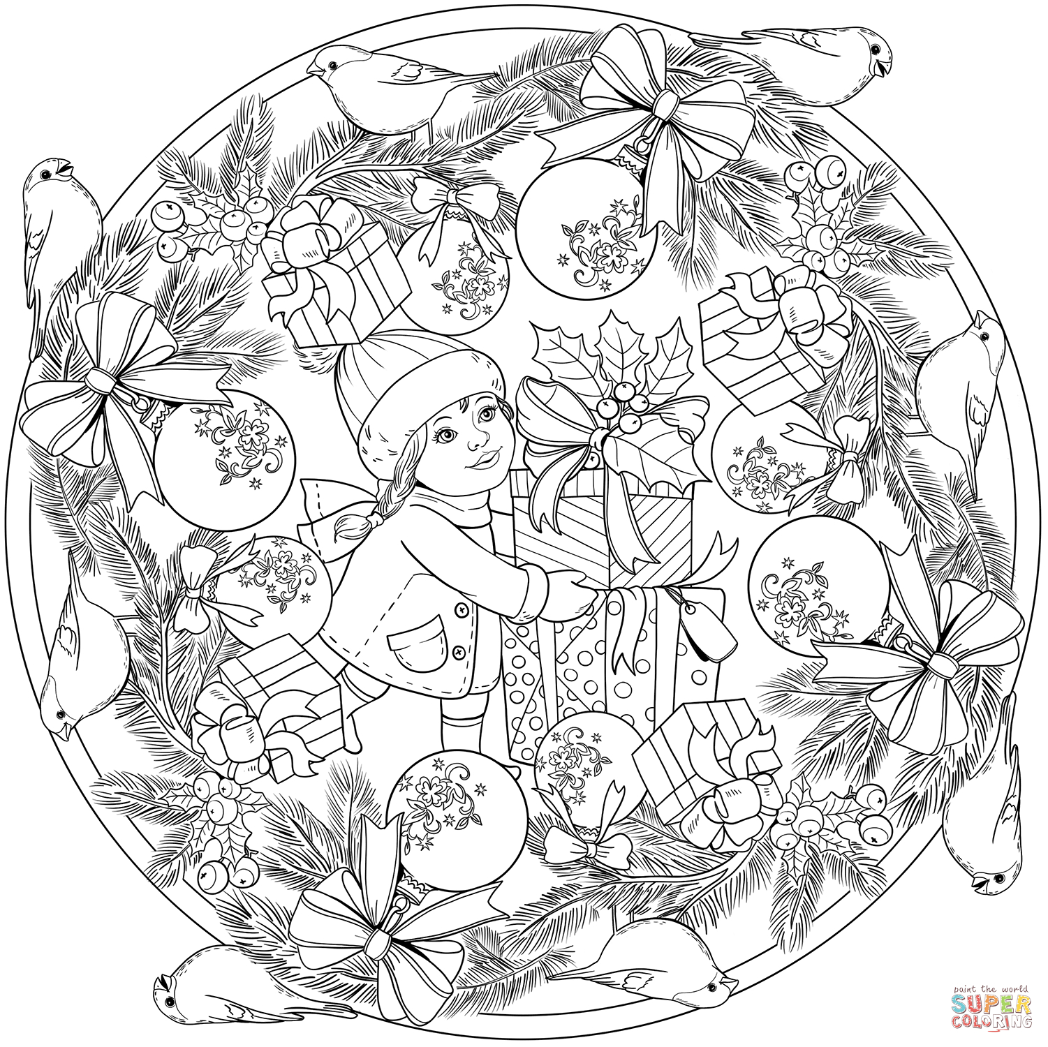 Coloriage - Mandala De Noël Avec Une Petite Fille, Des Cadeaux Et Un intérieur Mandala De Noël 