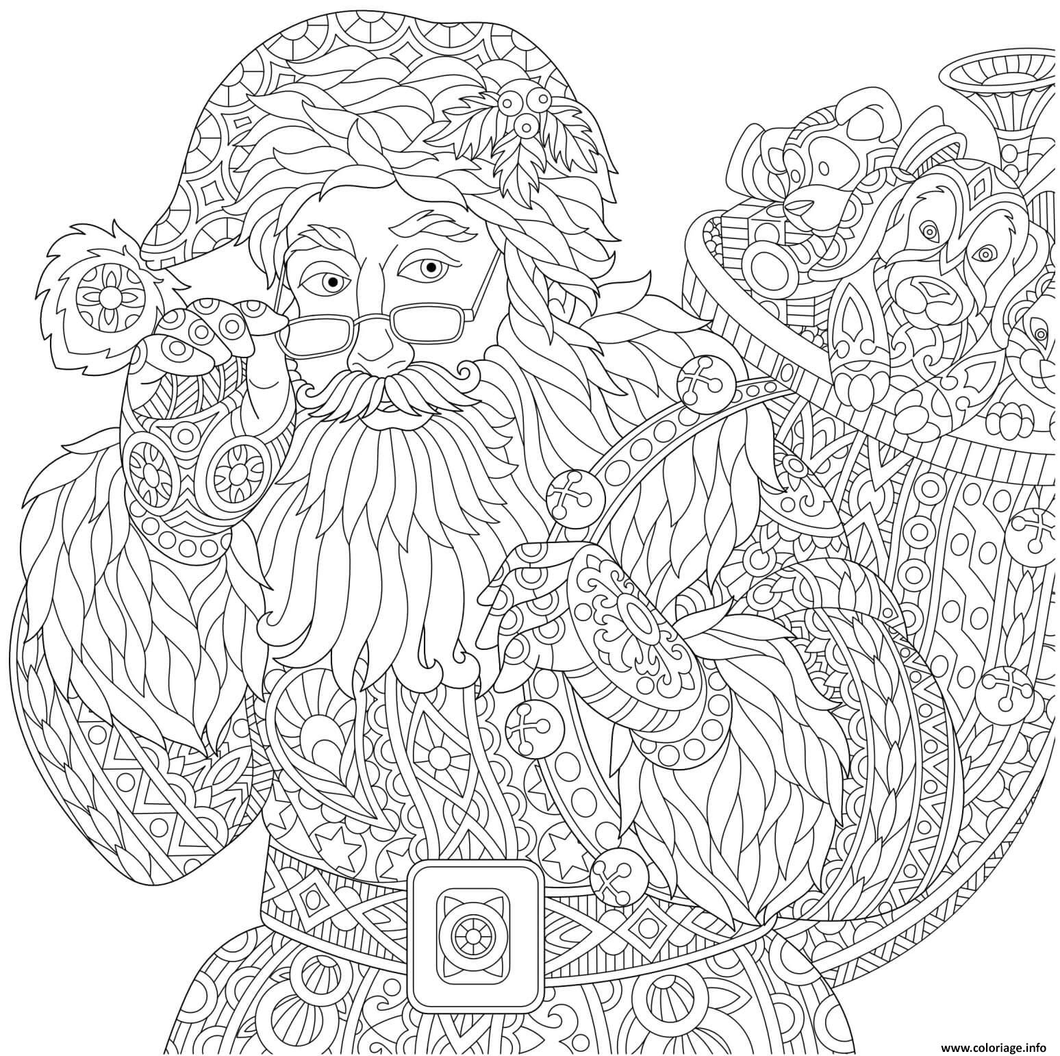 Coloriage Pere Noel Avec Son Sac A Cadeaux Mandala Anti Stress dedans Coloriage De Pere Noel 