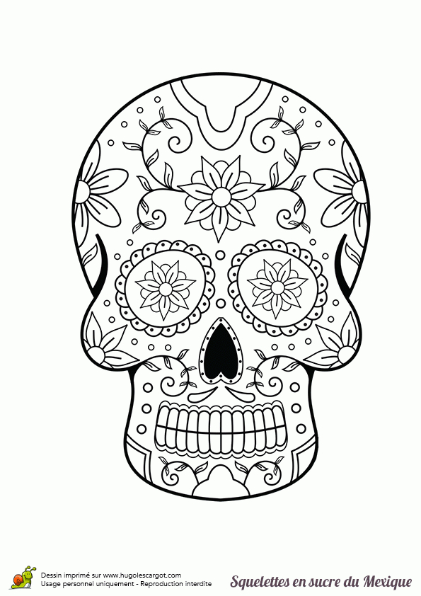 Coloriage Squelette Sucre Fleurs Et Feuilles Sur Hugolescargot destiné Coloriage Tete De Mort Mexicaine 