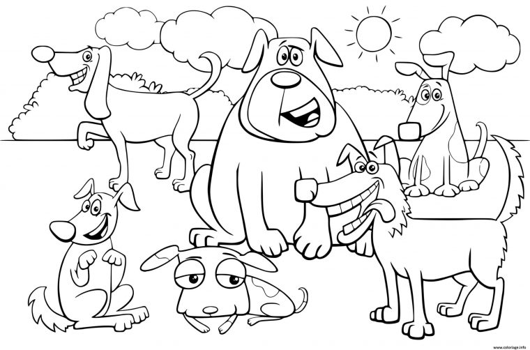 Coloriage Un Monde De Chiens Dans La Nature Dessin Chien À Imprimer à Coloriage De Chiens