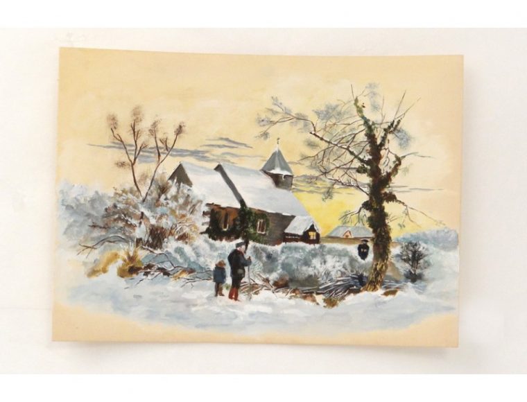 Dessin Aquarellé Paysage Eglise Chapelle Hiver Neige Non Signé Non Daté dedans Dessin Paysage Hiver