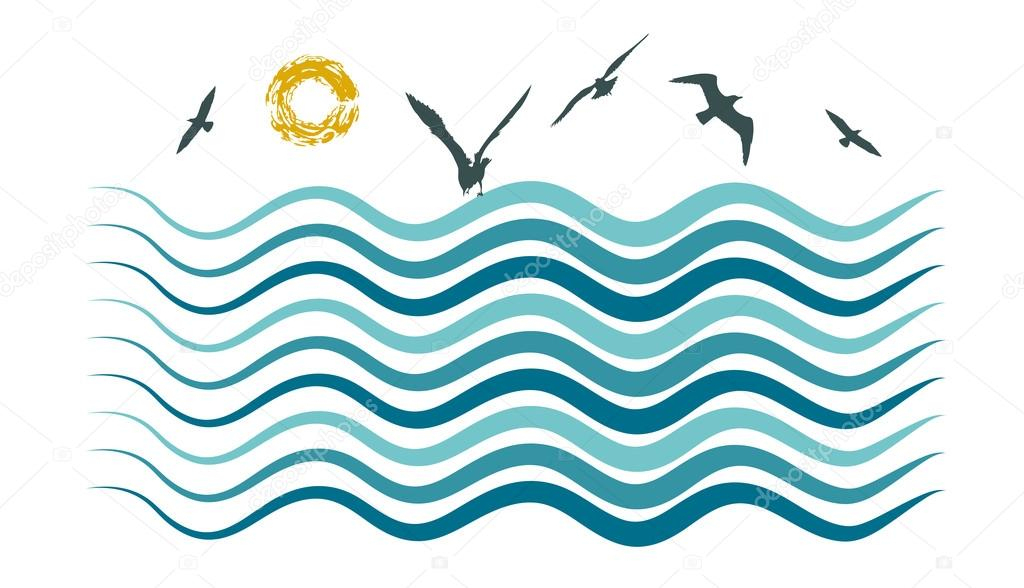 Dessin D'Une Vagues De La Mer, Soleil Et Goélands — Image Vectorielle dedans Coloriage Vague