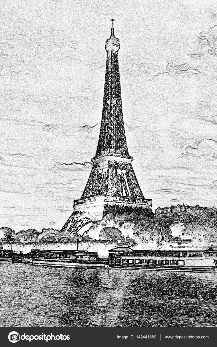 Dessin Tour Eiffel Noir Et Blanc : Paysage Avec La Tour Eiffel En Noir avec Tour Eiffel Dessin Simple