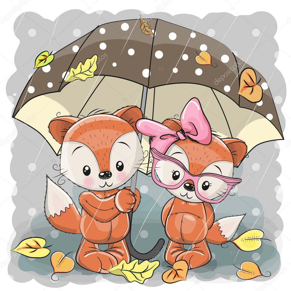 Deux Mignons Renards Dessin Animé Avec Parapluie Image Vectorielle Par dedans Renard Dessin 