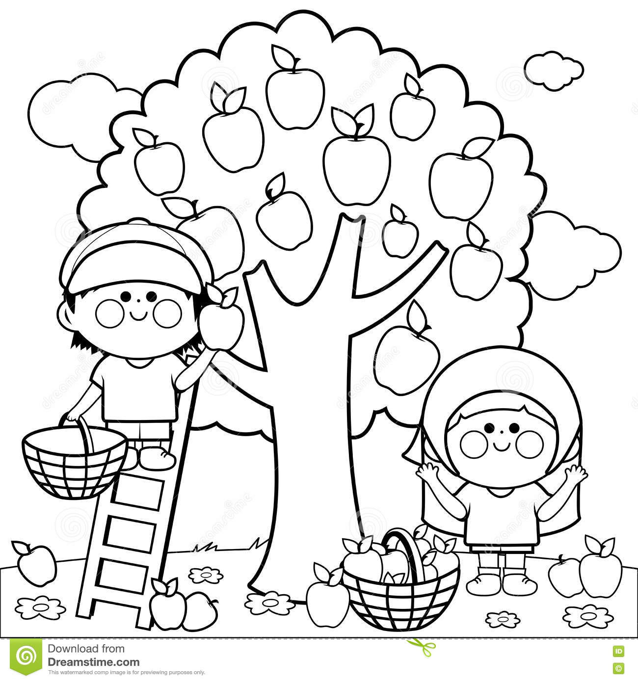 Enfants Moissonnant La Page De Livre De Coloriage De Pommes concernant Pommier Coloriage