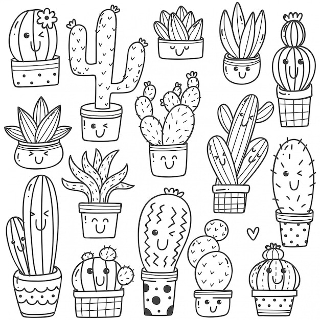 Ensemble De Plante De Cactus À Kawaii Doodle  Vecteur Premium à Coloriage Cactus 