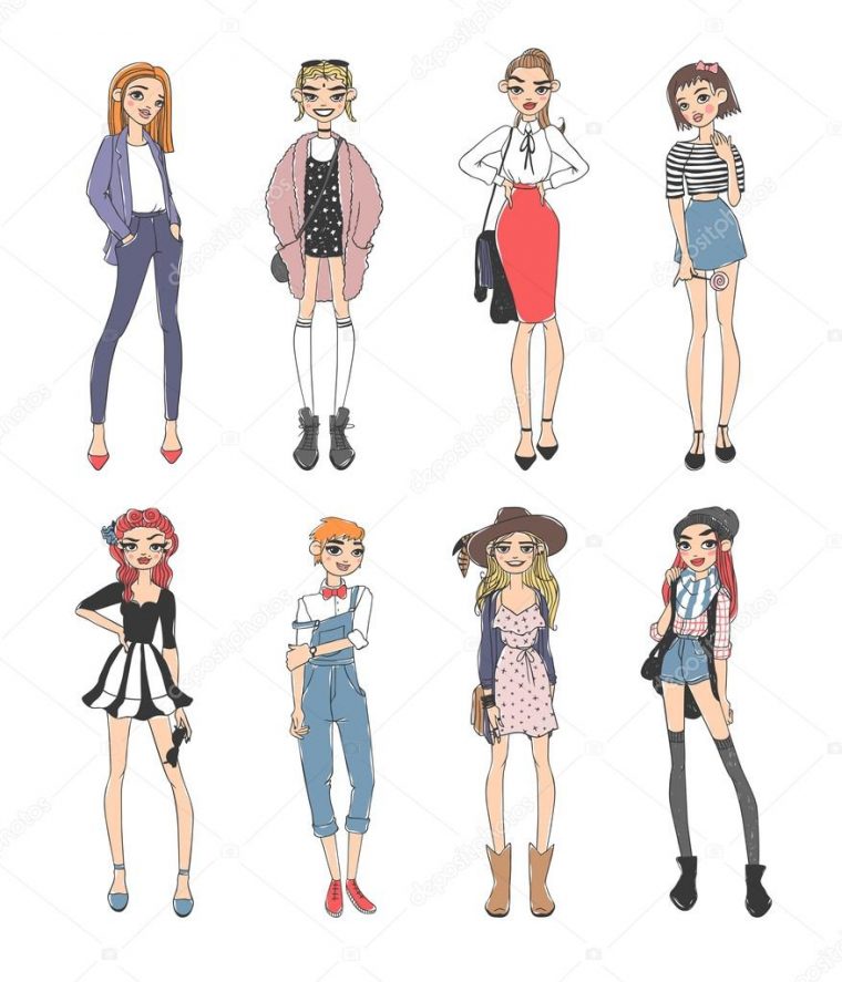 Filles De La Mode Pure Beauté Colorée Dessin Animé Dessin Vectoriel tout Dessin De Fille A La Mode