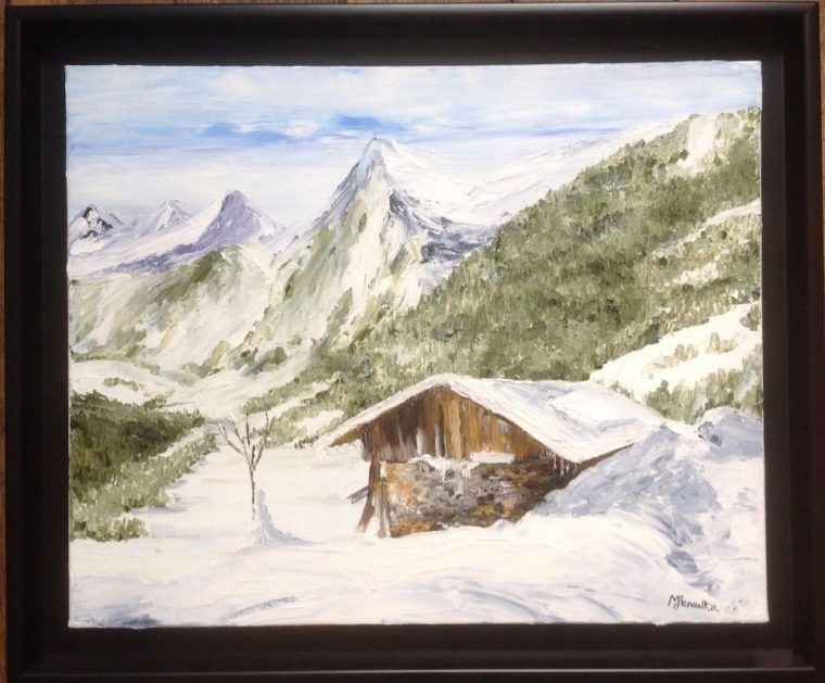 Le Chalet En Hiver – Peinture À L'Huile Au Couteau – Paysage De avec Chalet Montagne Dessin