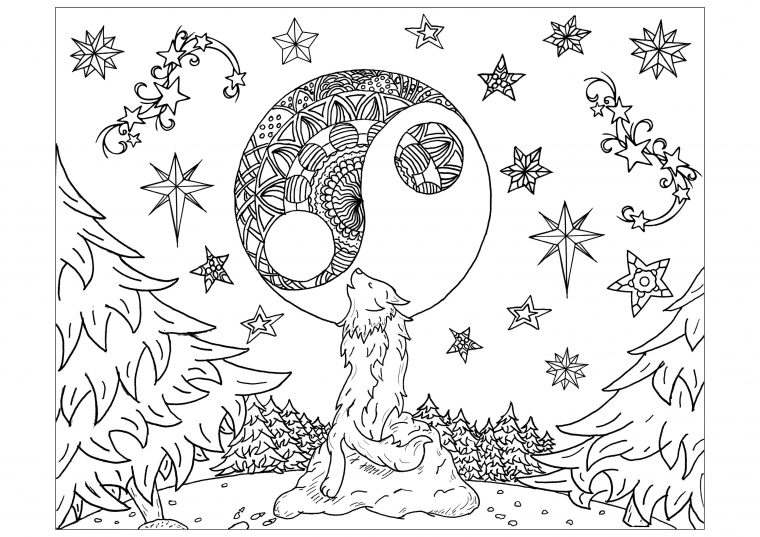 Le Loup Et La Lune Mandala – Loups – Coloriages Difficiles Pour Adultes pour Coloriage La Lune