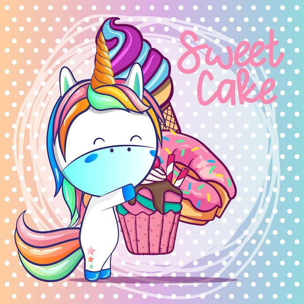 Licorne Mignonne Avec Dessin De Gâteau Sucré  Vecteur Premium destiné Dessin Licorne 