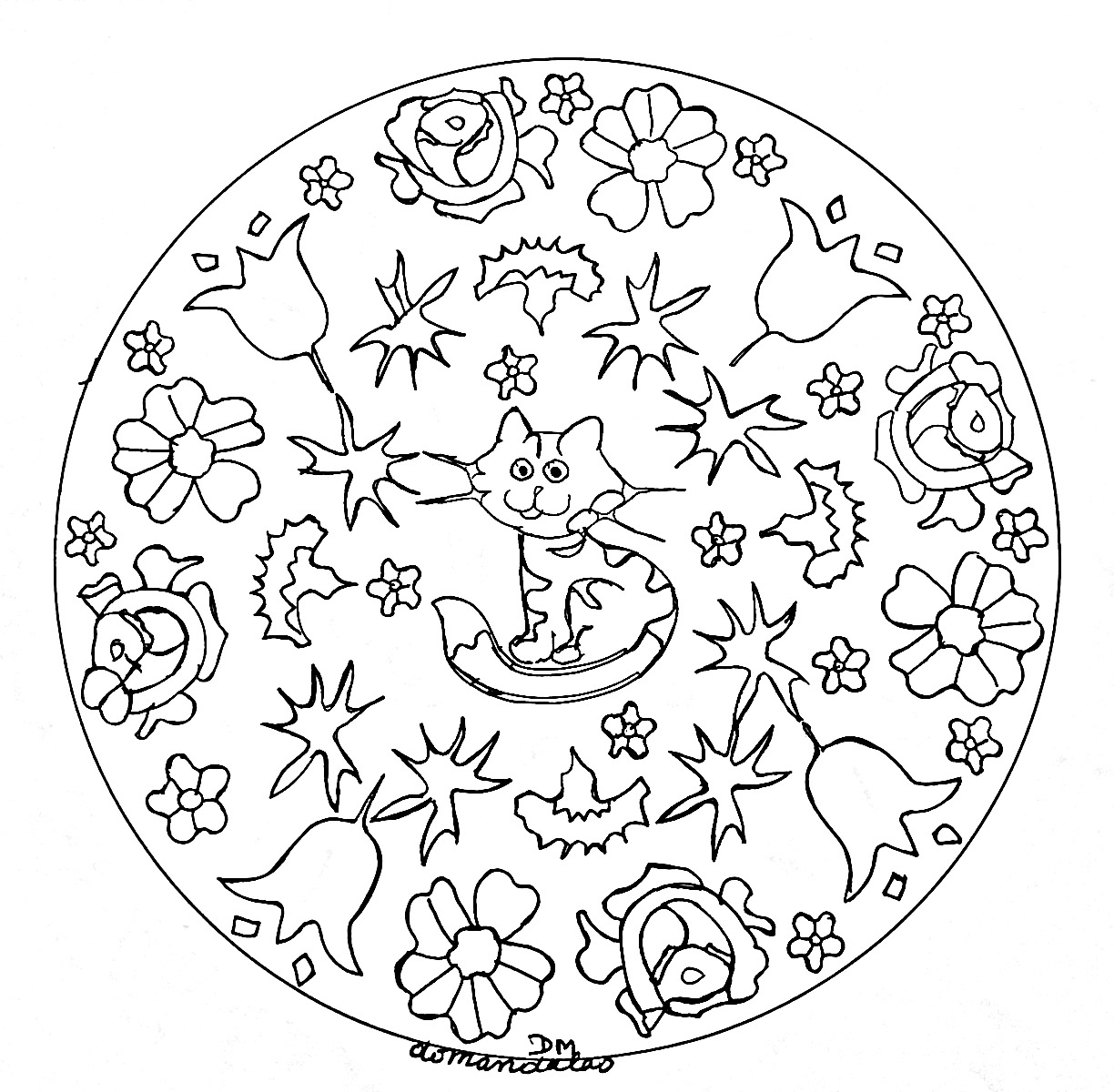 Mandala Facile Petit Chat Et Fleurs - Coloriage Mandalas - Coloriages intérieur Mandala Facile À Imprimer