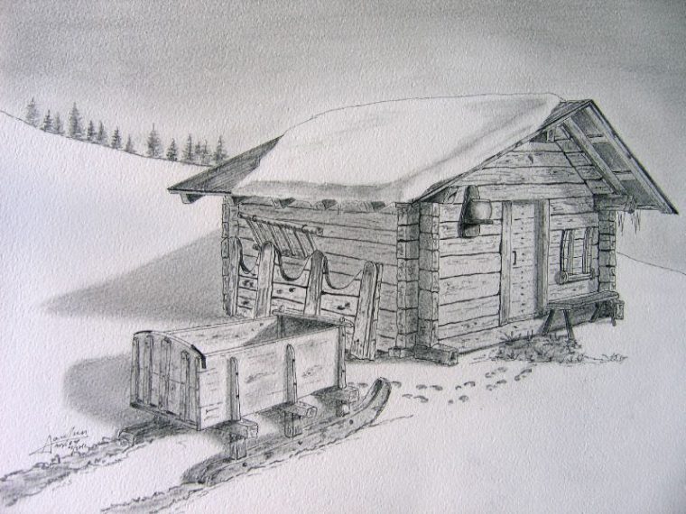 Mazot Et Traineau En Hiver – Montagn'Art serapportantà Chalet Montagne Dessin