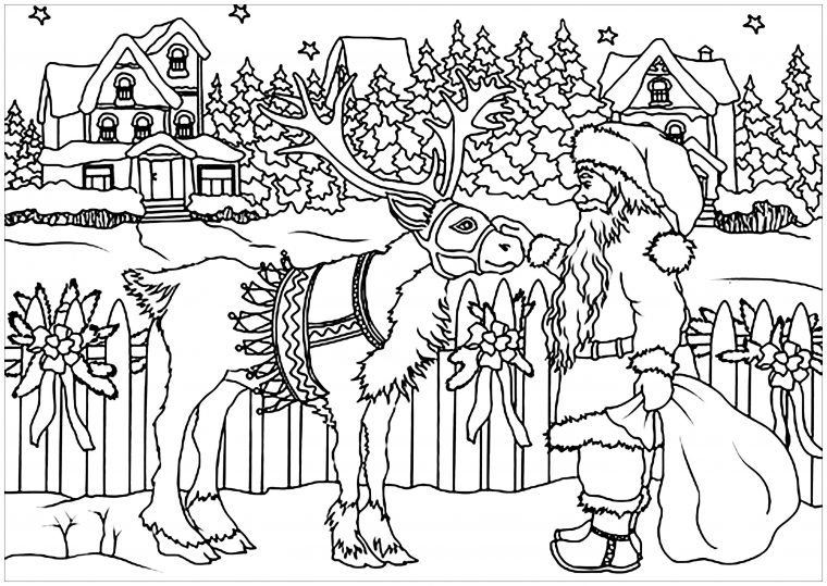 Père Noël Et Renne – Noël – Coloriages Difficiles Pour Adultes destiné Dessin De Noel A Colorier Et A Imprimer