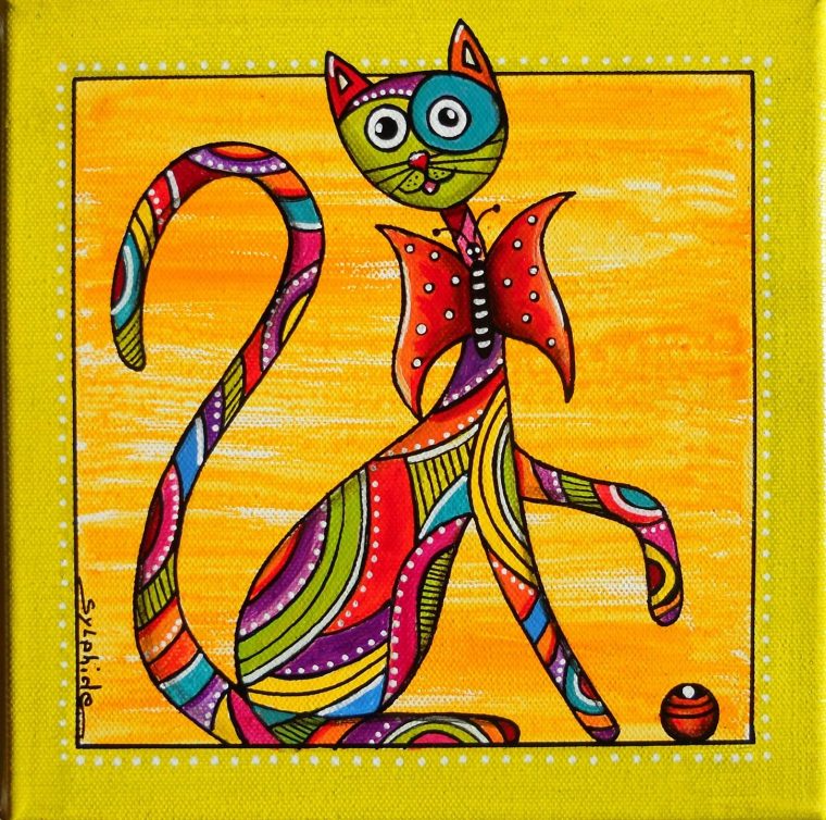 Petit Tableau Du Chat Très Coloré "Papillon" : Décorations Murales Par serapportantà Dessin De Chat Rigolo