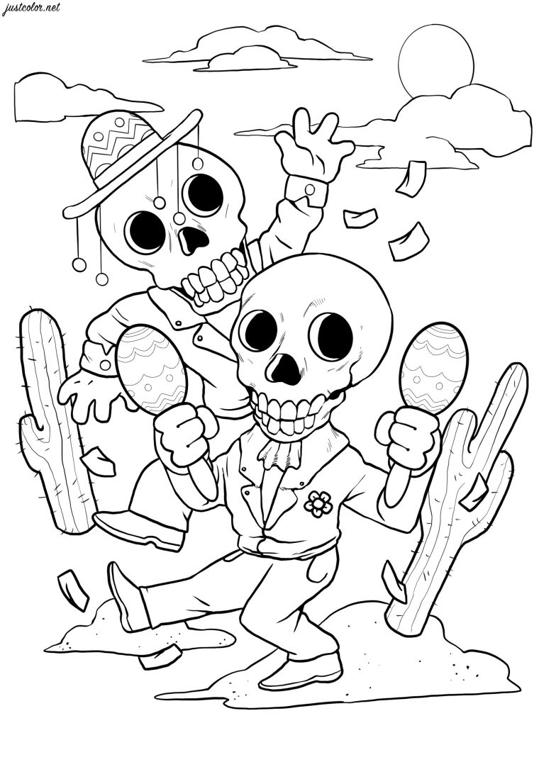 Squelettes Dansants – El Dia De Los Muertos – Coloriages Difficiles serapportantà Coloriage Squelette