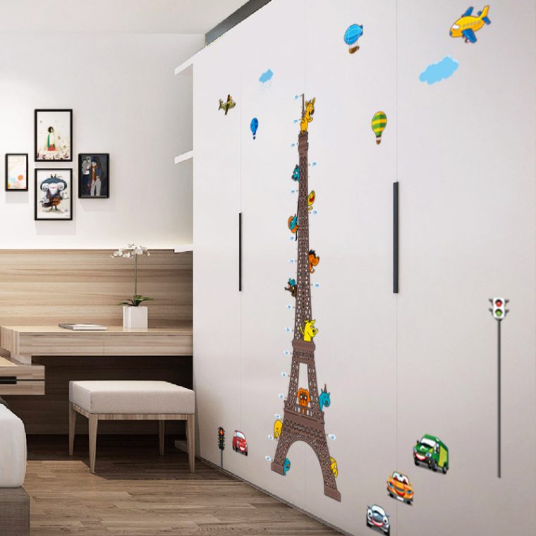 Sticker Toise Tour Eiffel Pour Enfants Avec Animaux Et Avions pour Tour Eiffel Enfant