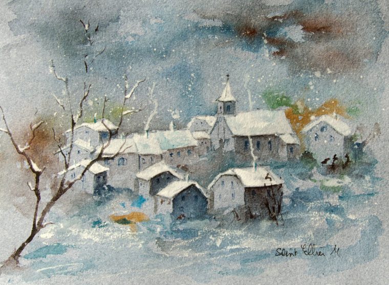 Village En Hiver Le Soir Peinture Par Martine Saint Ellier  Artmajeur serapportantà Dessin Paysage Hiver