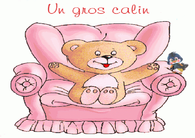 A Drawing Of A Teddy Bear Sitting In A Pink Chair With The Words Un encequiconcerne Gif Câlin D Amour 