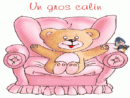 A Drawing Of A Teddy Bear Sitting In A Pink Chair With The Words Un tout Gif Amour Calin