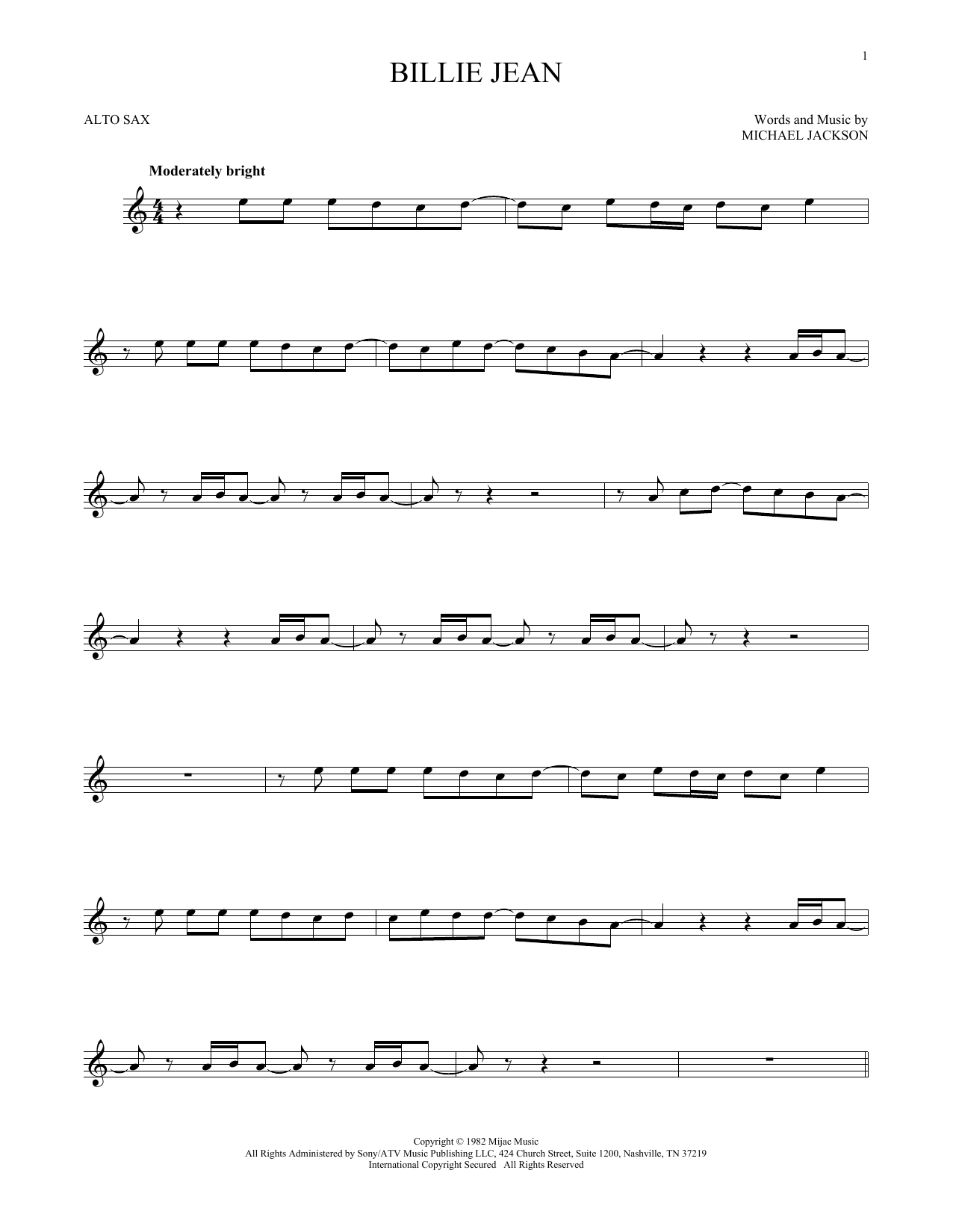 Partition Saxophone Billie Jean De Michael Jackson - Sax Alto tout Partition Saxophone Alto