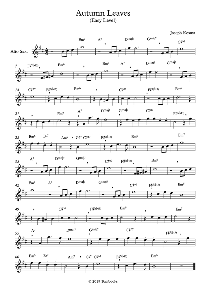 Partition Saxophone Les Feuilles Mortes (Niveau Facile, Sax Alto pour Partition Saxophone Alto intéressant 