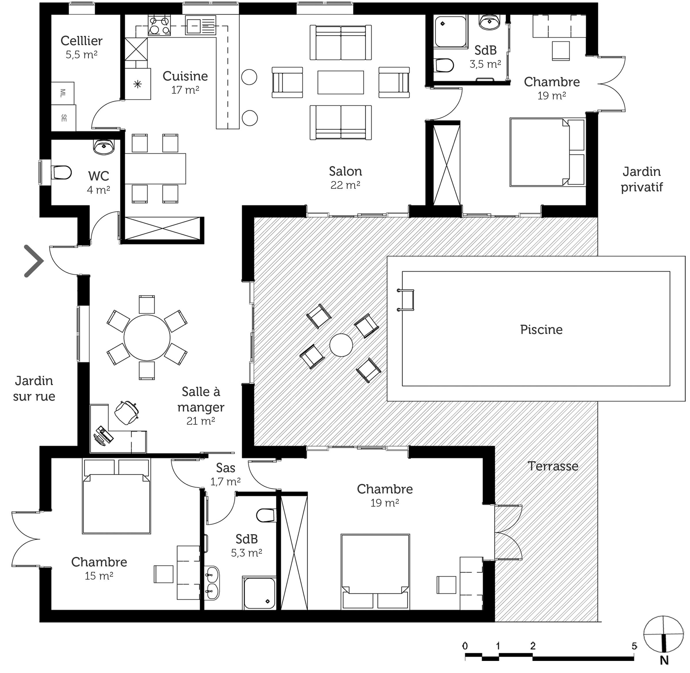Plan De Maison En U Avec Piscine - Idées De Travaux tout Plan Maison Plain Pied 4 Chambres 