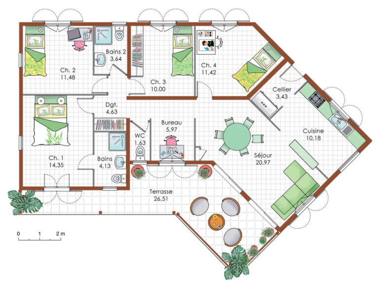 Plan De Maison : Maison De Plain-Pied 5  Faire Construire Sa Maison dedans Plan Maison Plain Pied 4 Chambres