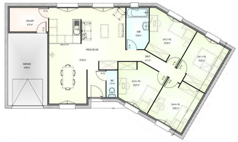 Plan Gratuit Maison Plain Pied 4 Chambres En L  Chambre A Coucher destiné Plan Maison 4 Chambres