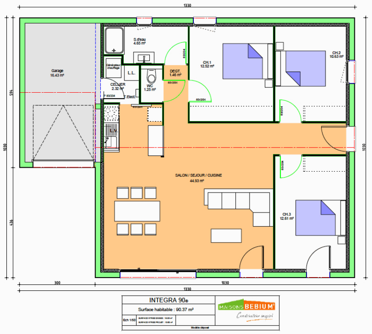 Plan Maison 90M2 Plain Pied 3 Chambres Avec Garage – Tutor Suhu concernant Plan Maison 3 Chambres