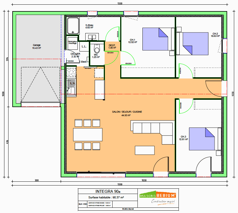 Plan Maison 90M2 Plain Pied 3 Chambres Avec Garage - Tutor Suhu concernant Plan Maison 3 Chambres 
