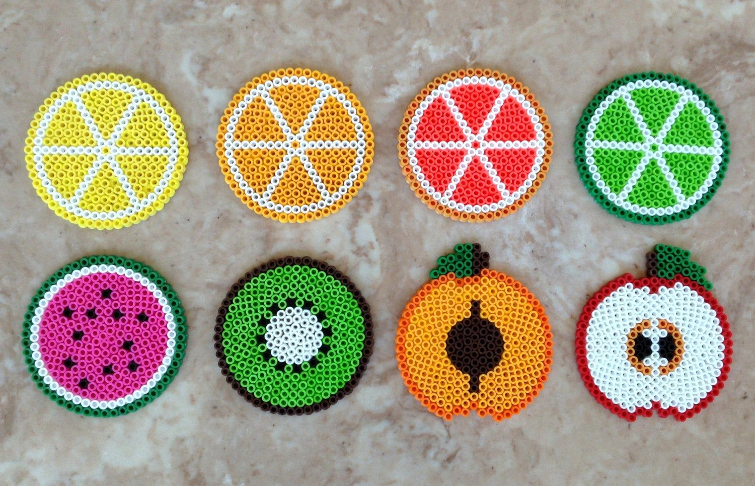 Set Of 8 Fruit-Themed Perler Bead Coasters  Perler Bead Patterns dedans Perle Hama Modele 