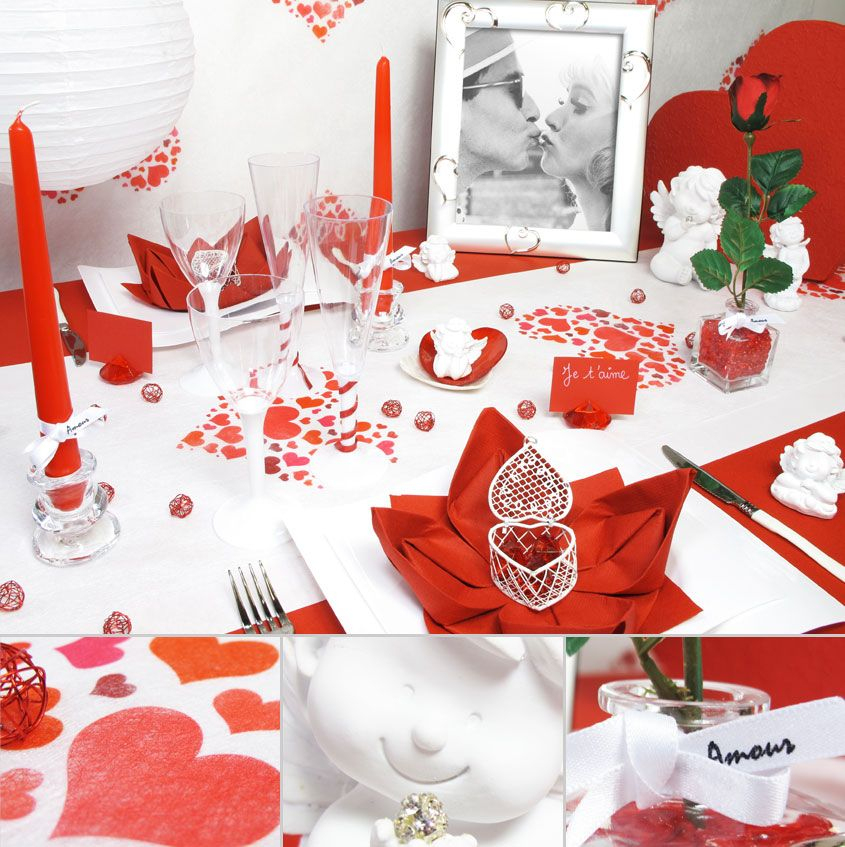 Table Ambiance Blanche Et Rouge - Decofete-Servimag  Decoration St intérieur Deco Saint Valentin 