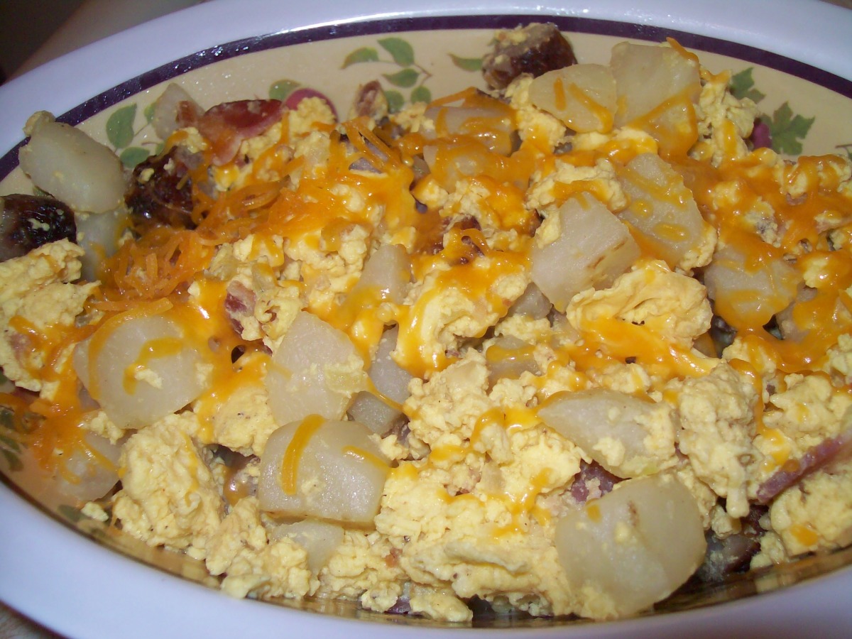 Scrambled Eggs/Bacon, Potatoes, Peppers and Onions and Sausage Recipe
