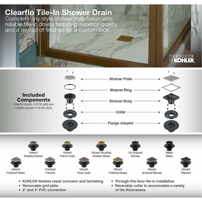 KOHLER Clearflo 3-in Matte Black Square Brass Shower Drain K-9136-BL at