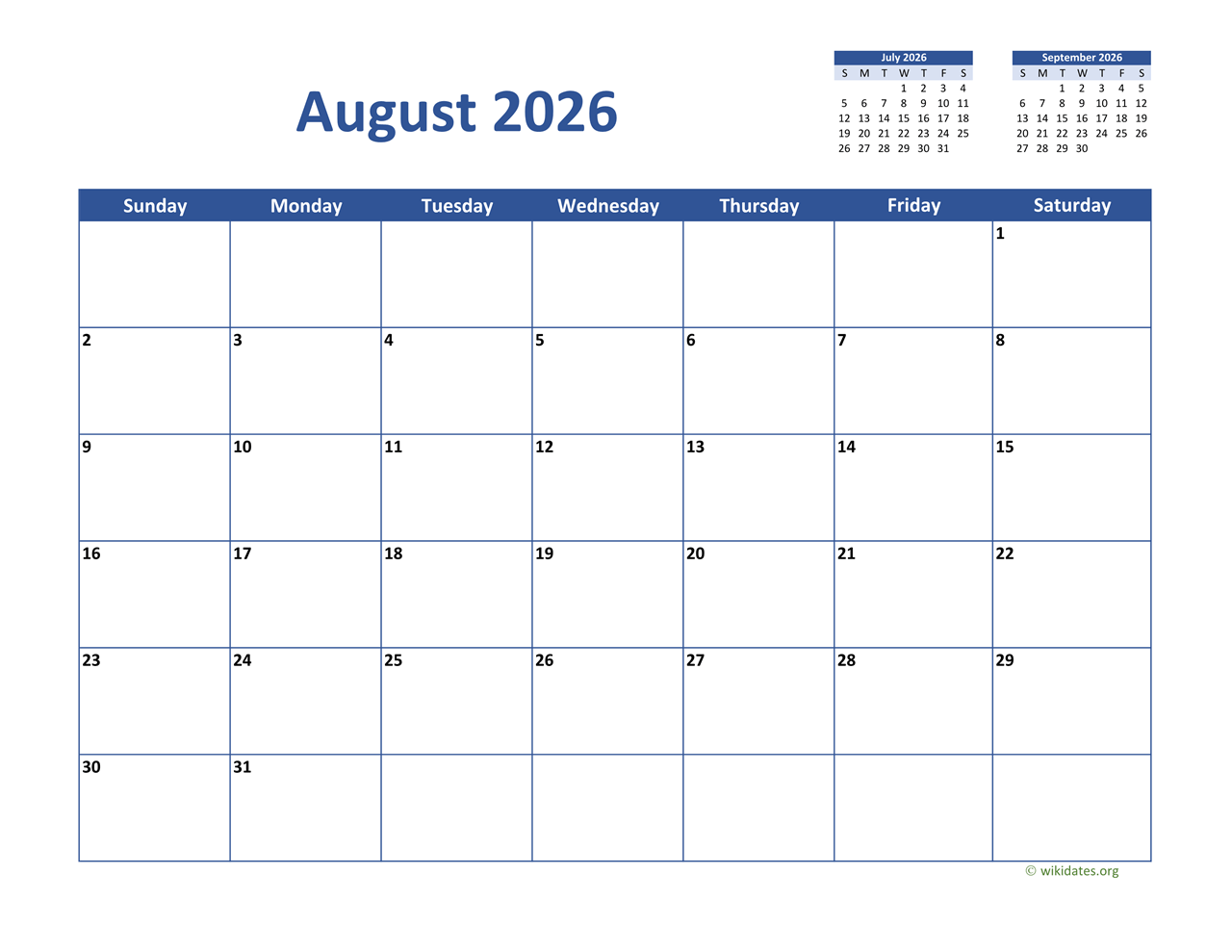  August 2026 Calendar Classic 