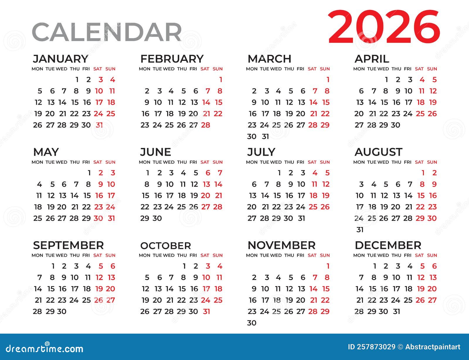  Calendar 2026 Template, Planner 2026 Year, Wall Calendar 2026 Template Illustration 