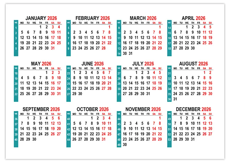  Free Printable Calendar 2026 (week starts from Monday) – free-calendar.su Illustration 