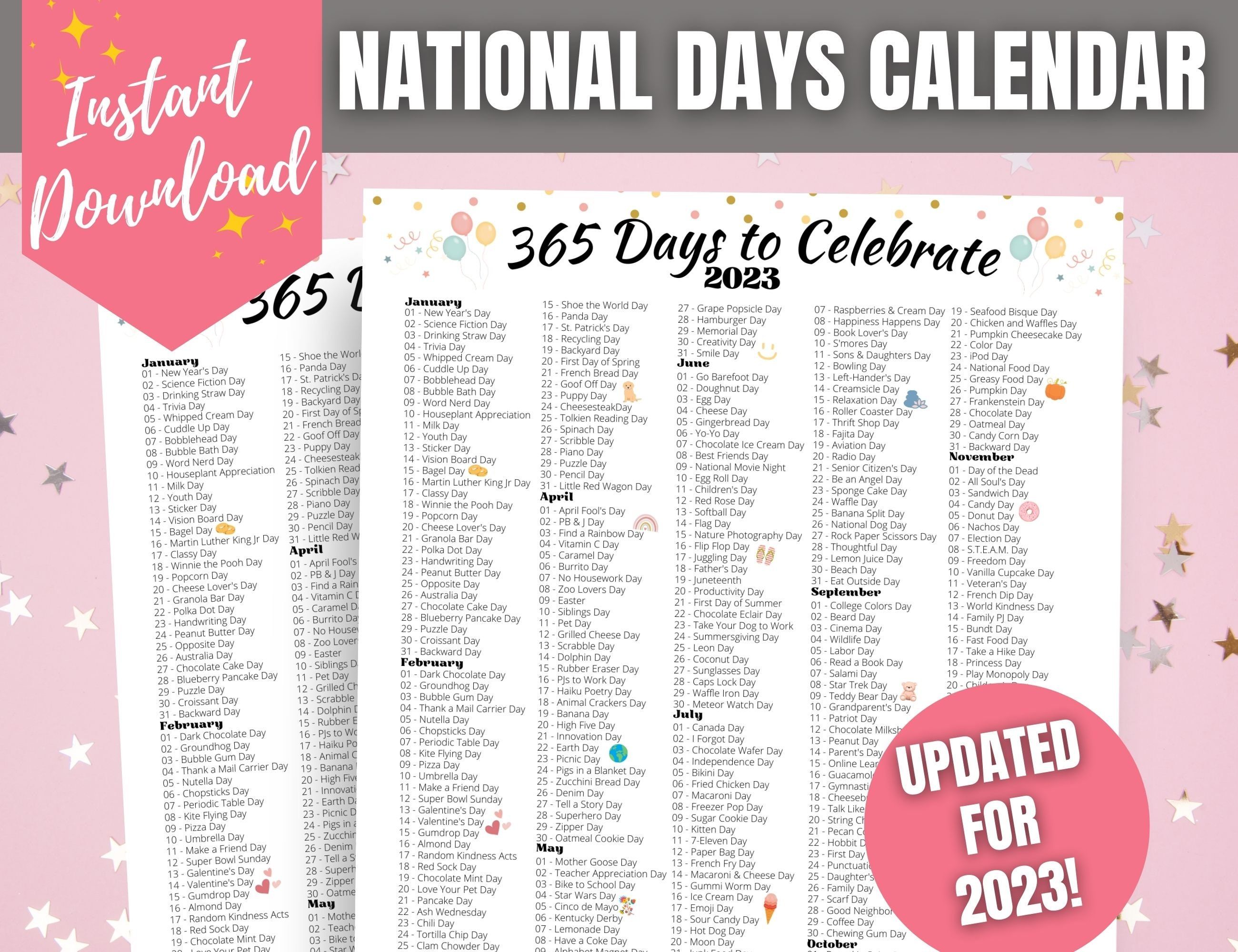  the national days calendar is shown on a pink background with stars and Motiv 
