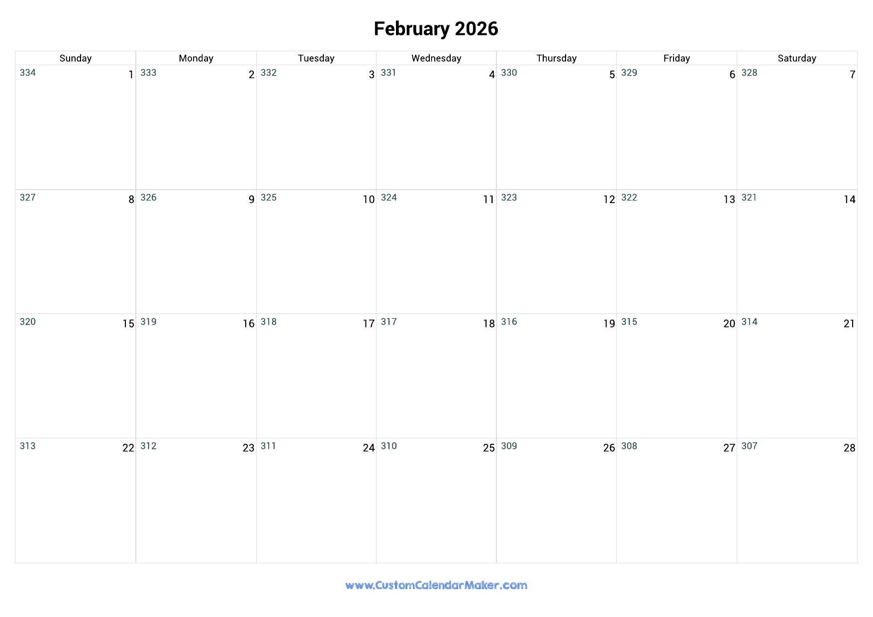  February 2026 Remaining Days Calendar 